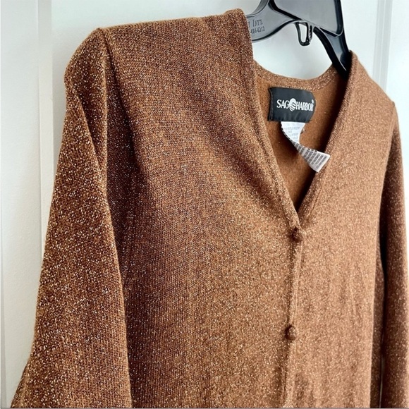 Sag Harbor Brown Gold Metallic Button Down V-Neck Cardigan - Picture 4 of 10